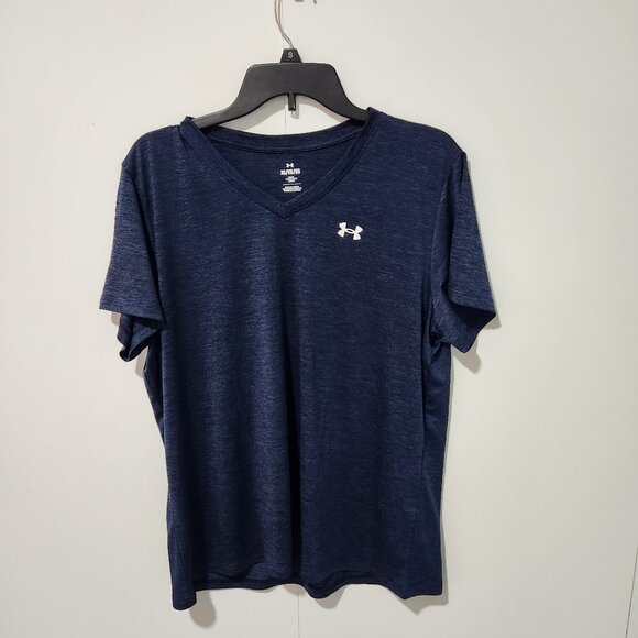 Under Armour NEW Women's V-neck Short Sleeve Blue Black Loose Work Out Shirt- XL - Picture 1 of 7